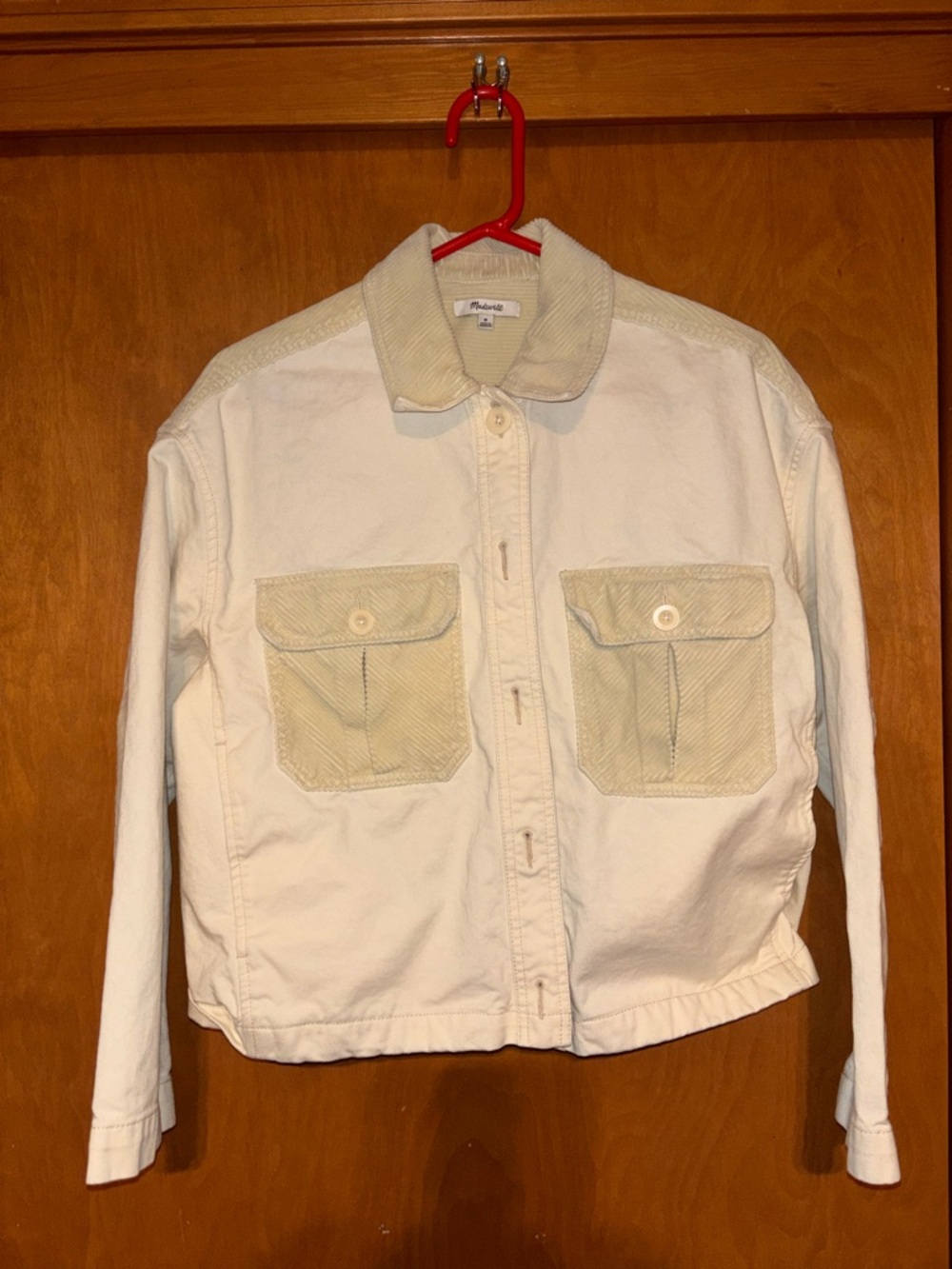 Madewell Cream Corduroy Mixed Media Crop Trucker Jacket Elbow Patches Size M